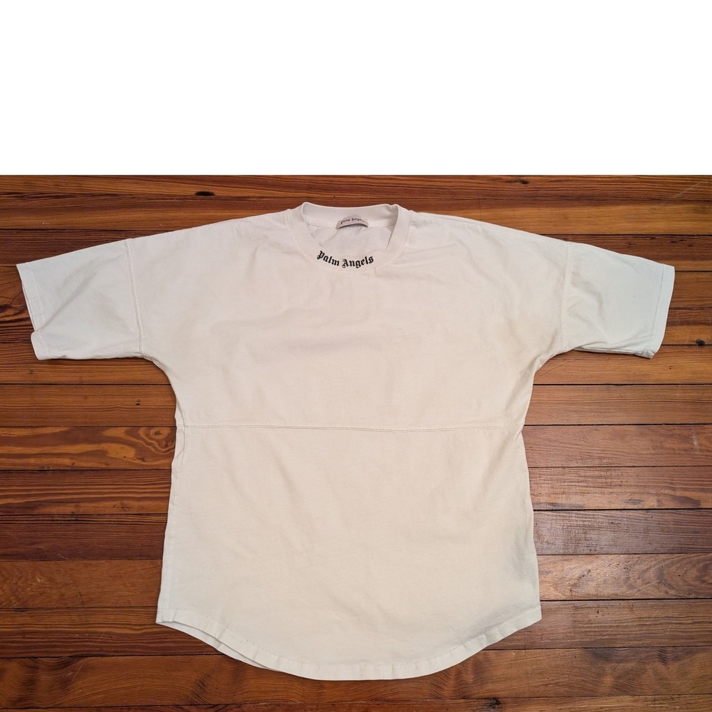 Palm Angels Logo T Shirt Cream Short Sleeve Crew Neck Men"s Size S